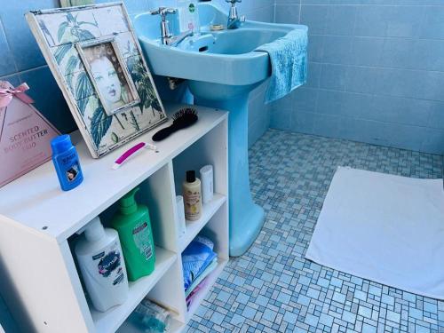 baño con lavabo y lavamanos azul en Double bedroom in Sharehouse in Canberra and Queanbeyan, en Queanbeyan