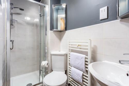 a small bathroom with a toilet and a sink at Elms Way No33 – Donnini Apartments in Ayr