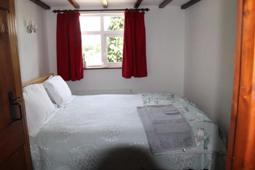 a bedroom with a bed and a window with red curtains at Garn Lodge in Newtown