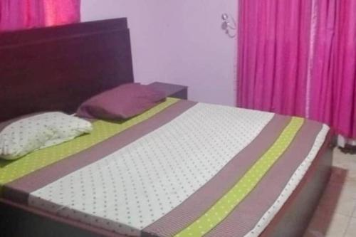 a bed in a bedroom with pink curtains at 1-bedroom apartment in dolphin in Lagos