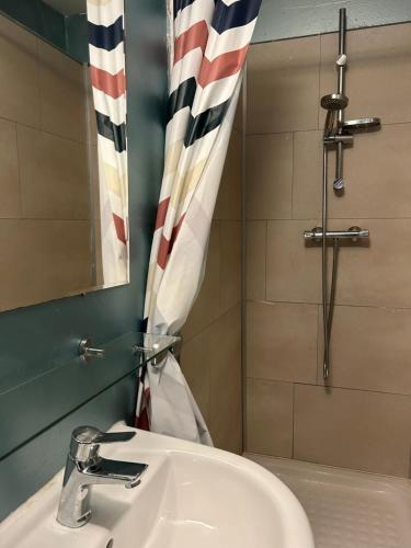 baño con lavabo y cortina de ducha de bandera americana en Le Rosier, en Lure