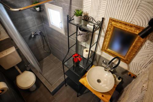 ein Badezimmer mit einem Waschbecken, einem WC und einem Spiegel in der Unterkunft Kuća za odmor Miracool in Generalski Stol