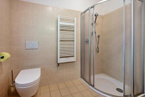 een badkamer met een douche, een toilet en een wastafel bij Urthalerhof Apt Landhaus in Valdaora
