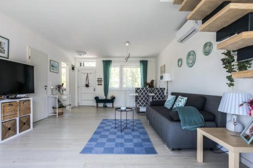 ein Wohnzimmer mit einem grauen Sofa und einem blauen Teppich in der Unterkunft Dream Summer House Fonyód in Fonyód