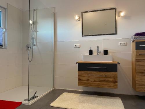 La salle de bains est pourvue d'un lavabo et d'un miroir. dans l'établissement Dachterrassenwohnung Alois, à Passau