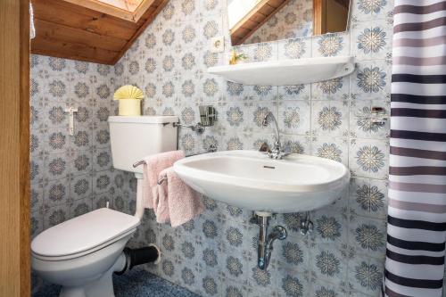 a bathroom with a toilet and a sink at Urthalerhof Historic in Valdaora