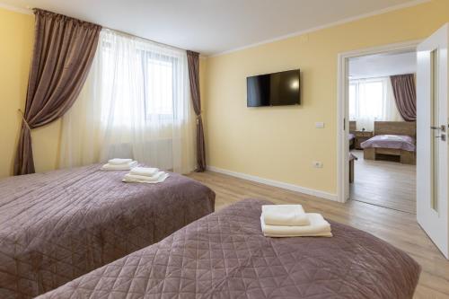 a hotel room with two beds and a television at Villa Class in Sînmartin