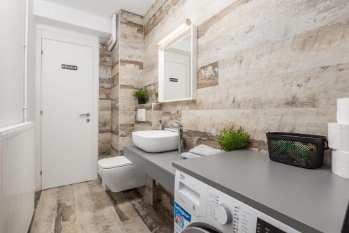 a bathroom with a sink and a washing machine at Luxury Villa Sušanj in Matulji