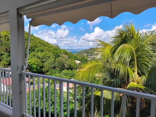 a balcony with a view of the ocean and palm trees at Appartement SERENITE, tout confort 2adultes 1 enft in Les Trois-Îlets