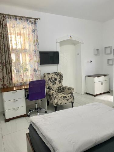 - une chambre avec un lit, un bureau et une chaise dans l'établissement CONFORT HOUSE, à Lugoj