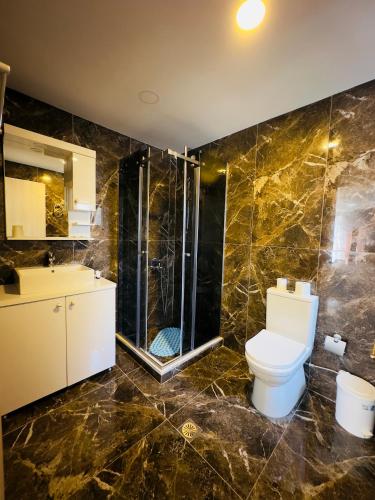 a bathroom with a toilet and a shower and a sink at Villa Merkuri in Himare