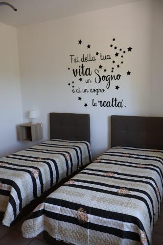 a bedroom with two beds with words on the wall at B&b Mamì in Potenza