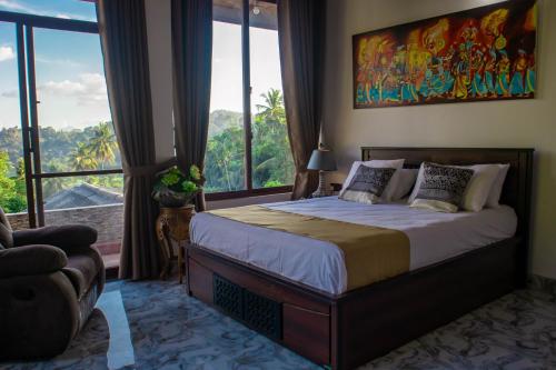 a bedroom with a bed and a large window at Boscage Homestay in Kandy