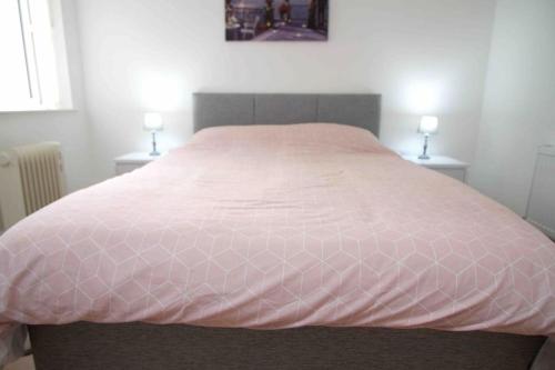 a large bed with a pink comforter in a bedroom at Newly refurbished flat, 1 min from Galgorm resort in Cullybackey