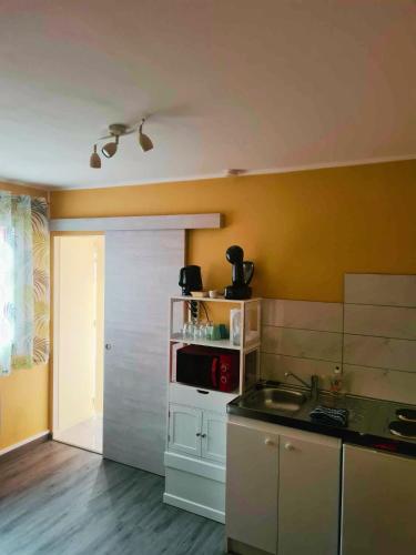 une cuisine avec un évier et un micro-ondes dans l'établissement Home Sweet Home, à Bouglainval