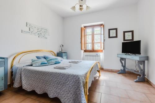 Dormitorio con cama, escritorio y TV en Algioja Apartment with Pool & Parking, en Passignano sul Trasimeno