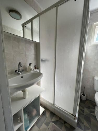 uma casa de banho branca com um lavatório e um chuveiro em Ruime chalet midden in de natuur in Lith em Lith