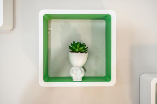 a green and white mirror with a plant in a vase at T12- Bilocale Free WiFi vicino a Bologna Fiera, Ravenna, Lugo Hospital Villa Maria in SantʼAgata sul Santerno