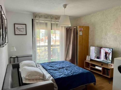 a bedroom with a bed and a tv and a window at Studio Bd Joseph Girod Clermont Centre in Clermont-Ferrand