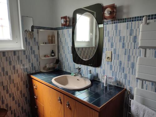 bagno con lavandino e specchio di Villa Amarante ad Annonay
