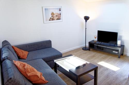 a living room with a couch and a tv at Le St Apollinaire n°3 - Ma Cabotte in Meximieux