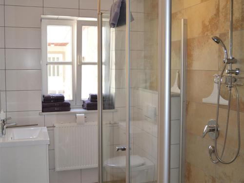 a bathroom with a shower and a toilet and a sink at Maikäfer - a77322 in Colmberg