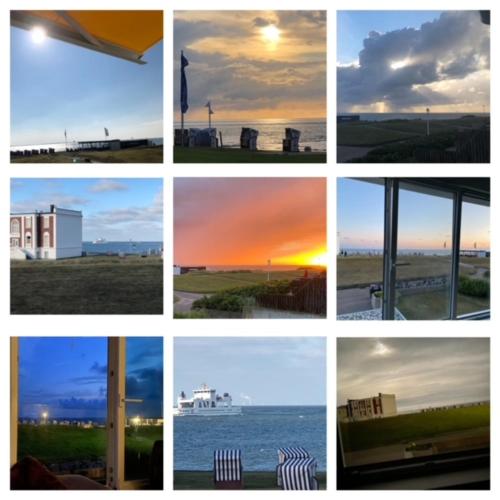 un collage de fotos de la puesta de sol y el océano en Seelord 16 en Norderney