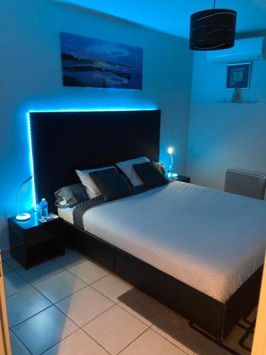 een slaapkamer met een groot bed met een blauw licht bij Appart&Spa in Toulouse