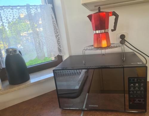 a coffee maker sitting on top of a microwave at Dom pod Wroclawiem19 in Domasław
