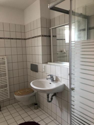 a bathroom with a sink and a toilet at Köpenick 43 mit WLAN in Berlin
