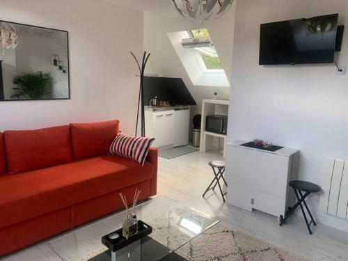 un salon avec un canapé rouge et une télévision dans l'établissement Au nid douillet, à Donnery