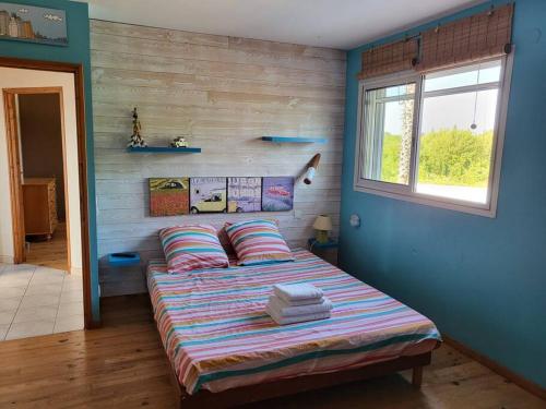 - une chambre avec un lit aux murs bleus et une fenêtre dans l'établissement Entre mer et montagne grande villa., à Bompas