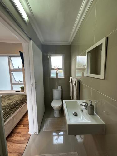 a bathroom with a sink and a toilet and a bed at Camellia Cottage: Courtyard Room in Cape Town