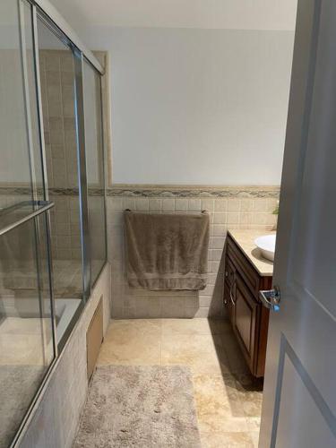 a bathroom with a shower and a sink at Beachfront luxury 2br condo in Lowlands
