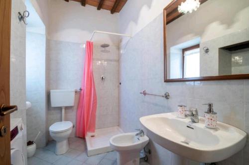 een badkamer met een wastafel, een toilet en een spiegel bij Tenuta La Cella - Grande Appartamento in Arezzo