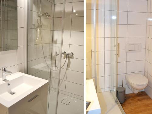 a bathroom with a shower and a sink and a toilet at Kleebock in Colmberg