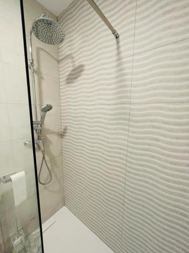 a shower with a glass door in a bathroom at Apartamentos Rurales La Plaza 2 in Duruelo de la Sierra