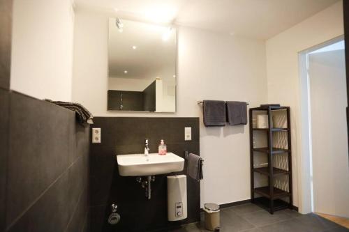 een badkamer met een wastafel en een spiegel bij Ganzes Apartment -Paris- in Erftstadt - 3 Zimmer & 77qm - nahe Köln, Messe, Phantasialand & Bonn - Familienurlaub oder Business Trip in Erftstadt