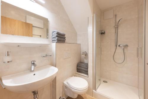 y baño con lavabo, aseo y ducha. en Schlögler`s Apartmenthaus en Neustift im Stubaital