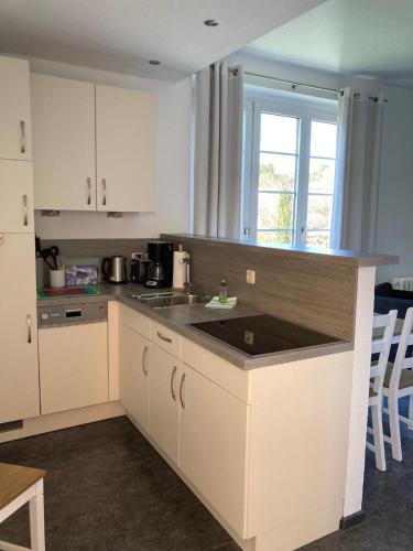 a kitchen with a sink and a counter top at Haus Brandenburg in Stechlin