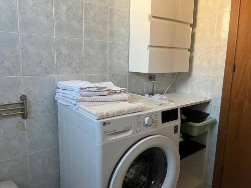 a washing machine in a bathroom with a sink at Lovely Apartment in Parma