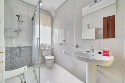 a bathroom with a sink and a toilet and a shower at Jardines del Ebro, 8 Pax, ideal grupos y centrico in Logroño