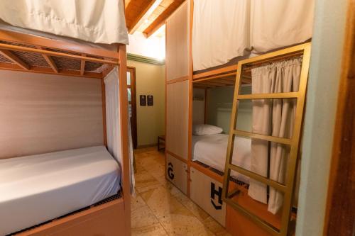 two bunk beds in a small room with another bed at Viajero Oaxaca Hostel in Oaxaca City