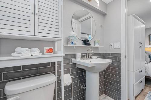ein Badezimmer mit Toilette, Waschbecken und Spiegel in der Unterkunft Downtown Dunedin Gem, Fully Renovated #3 in Dunedin