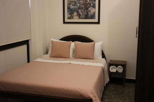 a small bedroom with a bed with pillows at Hotel Plaza El Santuario in Santuario