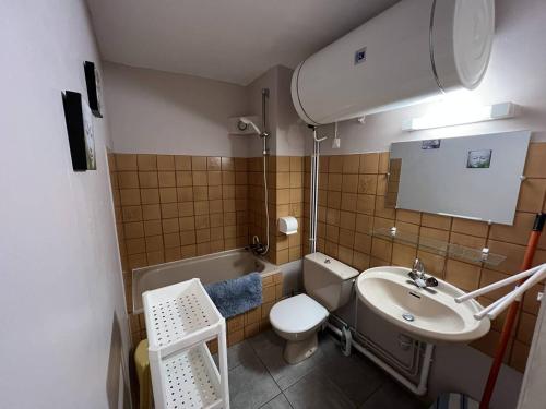une petite salle de bain avec un lavabo et des toilettes dans l'établissement Appartement 3 pièces avec parking en centre station - FR-1-593-91, aux Angles