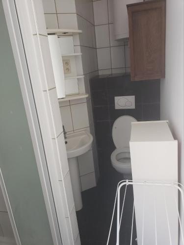 Appartement bien-être في لييج: حمام صغير مع مرحاض ومغسلة