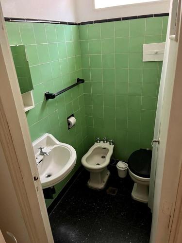 a green bathroom with a sink and a toilet at Casa Nanet Hotel in Mar del Plata