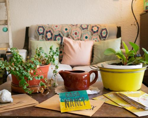 a coffee table with potted plants and a couch at Casa Nanet Hotel in Mar del Plata