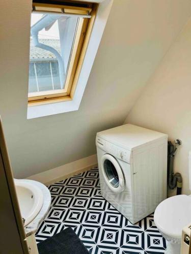 une salle de bain avec machine à laver et toilettes dans l'établissement S'Hiesele petite maison alsacienne typique, à Ittenheim